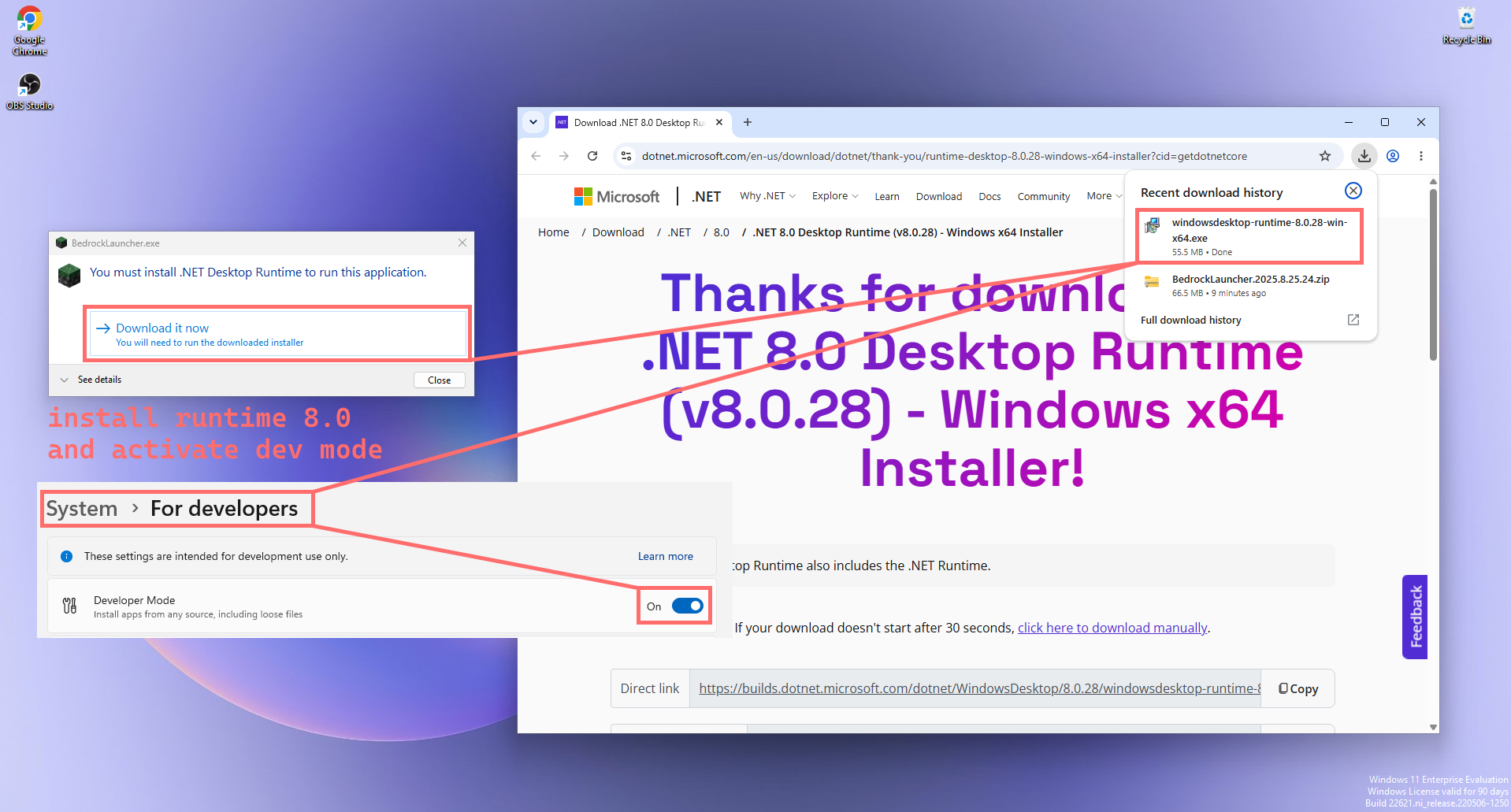 Installing .NET runtime and enabling developer mode