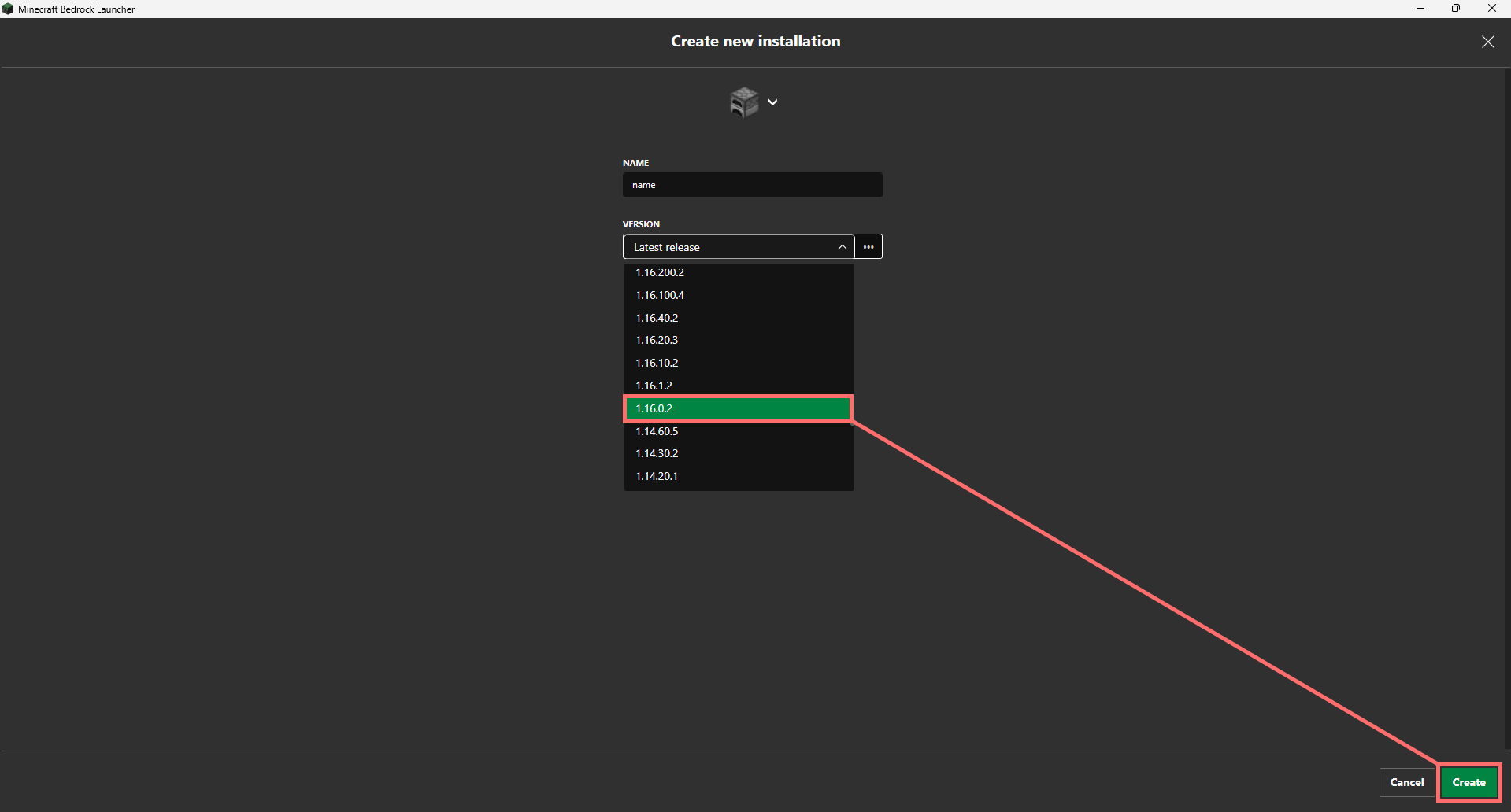 Selecting an old version, here 1.16.0.2