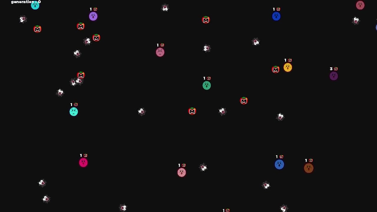 Kirby simulation generation 0: colorful circles randomly scattered on a black background, all similar in size