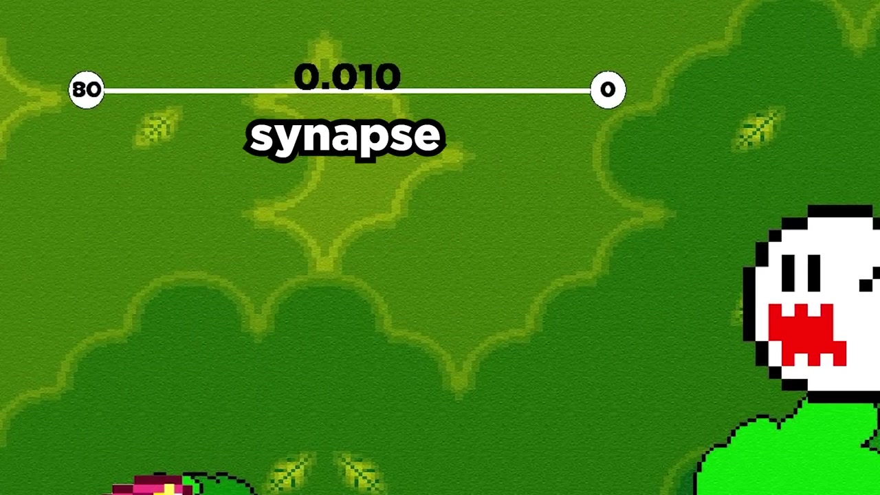 The "Mario is scared" demo: Mario faces a Boo with a synapse bar showing the connection weight between input and output