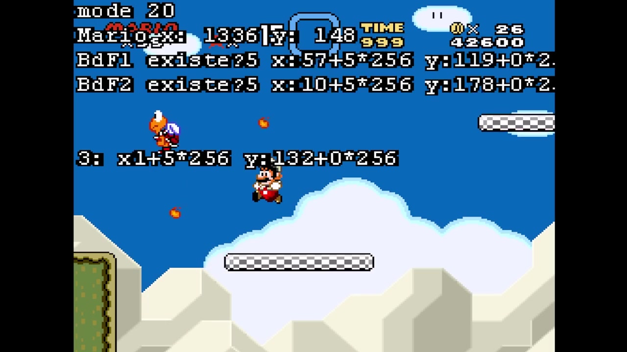 Super Mario World with a debug overlay showing sprite memory addresses and Mario's position